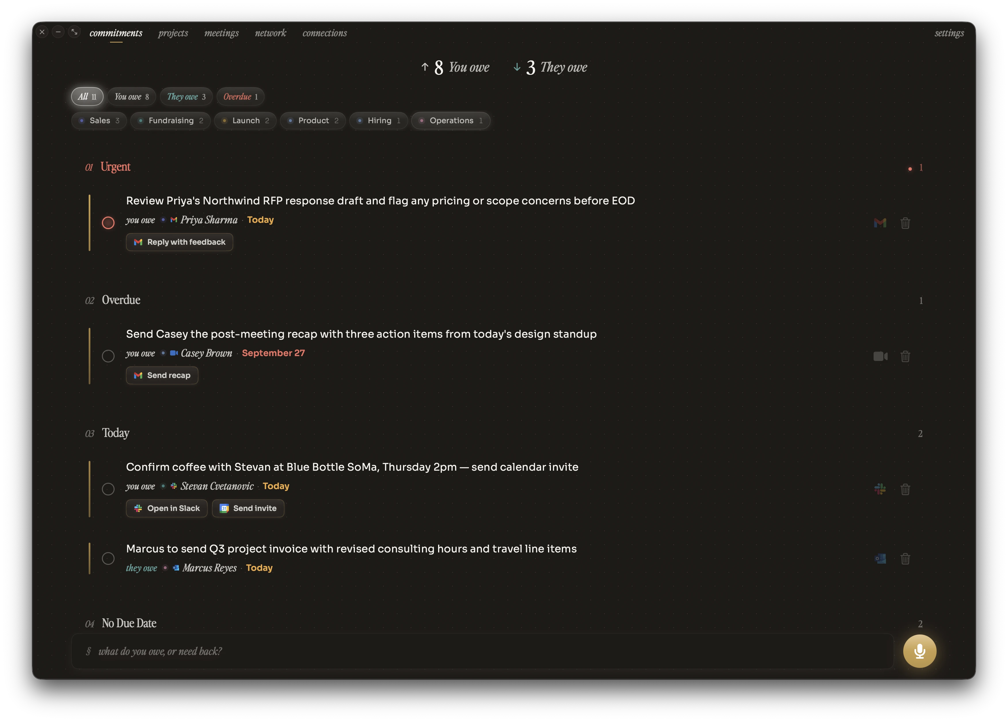 The Zethos app on macOS, listing what you owe and what you are owed