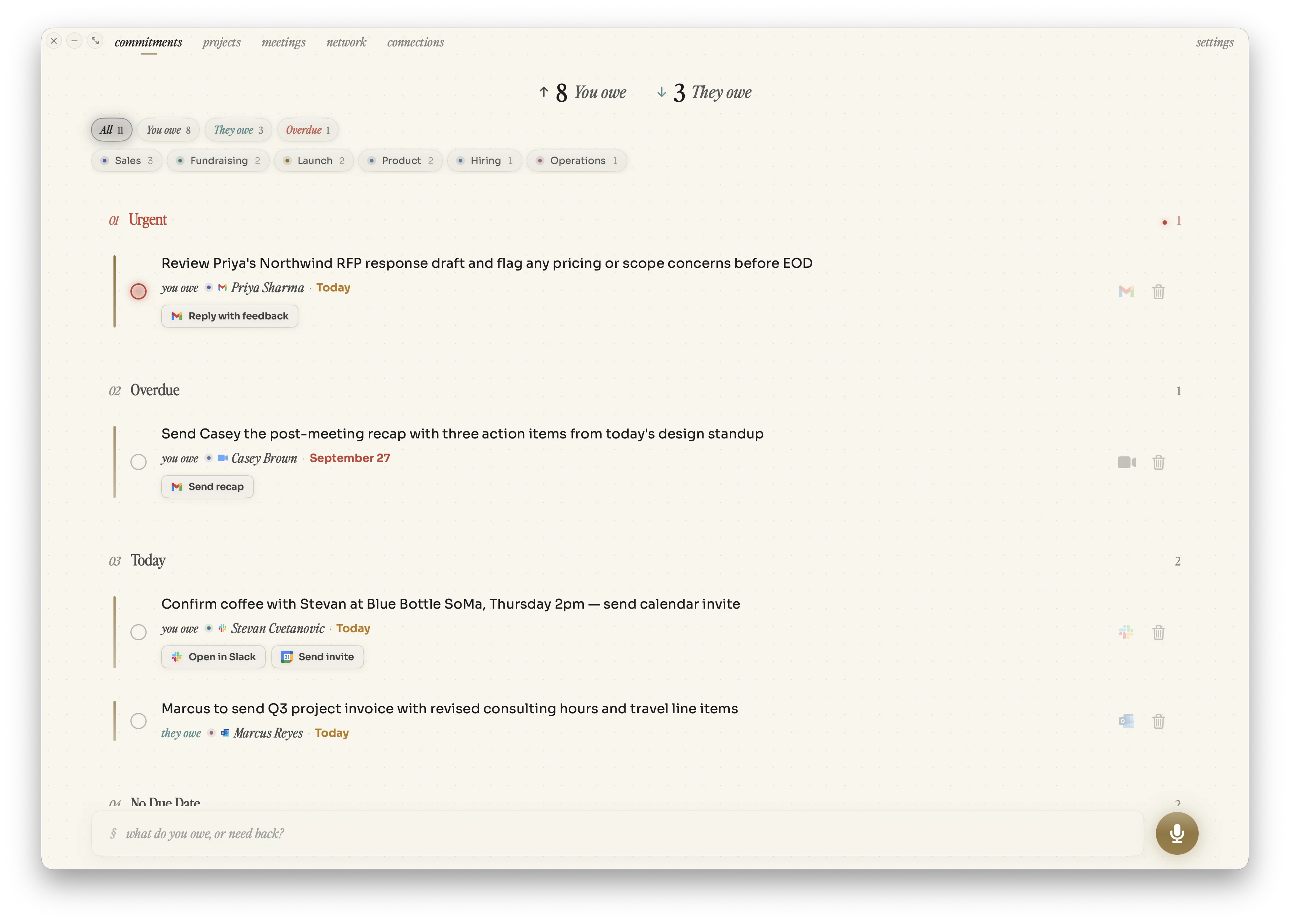 The Zethos app on macOS, listing what you owe and what you are owed