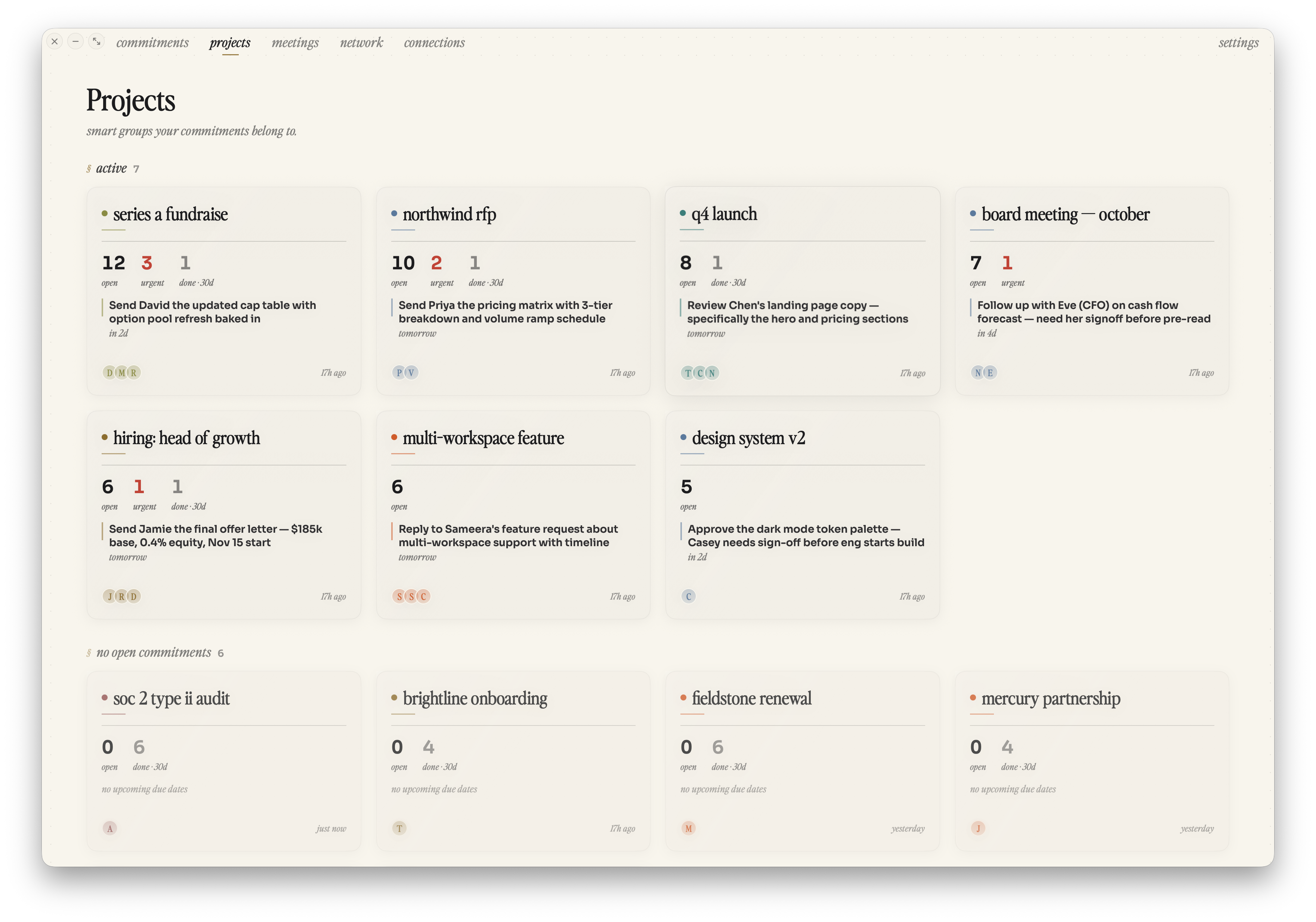 The Projects tab of Zethos on Mac, showing a grid of active projects: Series A Fundraise, Northwind RFP, Q4 Launch and others, with you-owe and they-owe counts on each card.